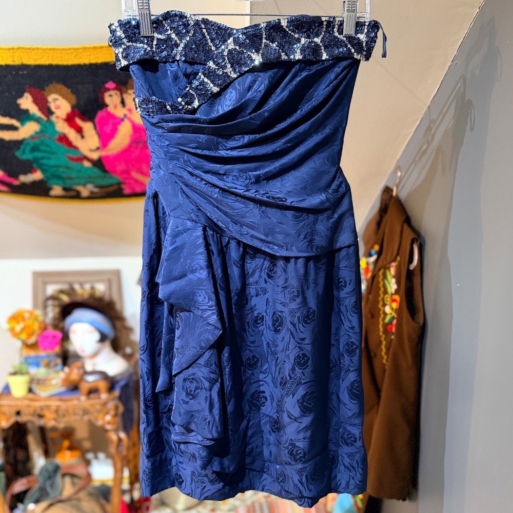 Vintage Strapless Sequin Embellished Navy Blue Rose Jacquard Dress 100% Silk- XS